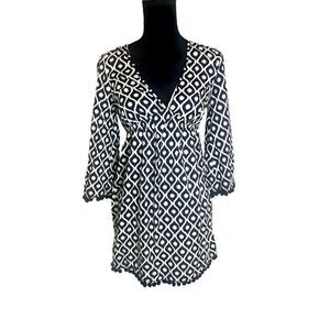BODEN ESMERALDA POM POM GEOMETRIC‎ NAVY AND WHITE KAFTAN/SWIM COVERUP  SIZE 2